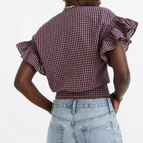 Madewell Flutter Sleeve Side Tie Wrap Top Plaid Size XS Ruffle V-neck Burgundy - Picture 9 of 9
